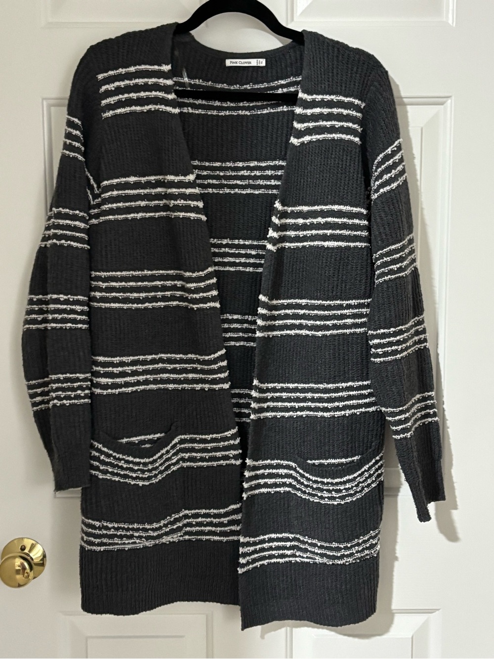 Pink Clover Black & White Striped Open-Front Cardigan